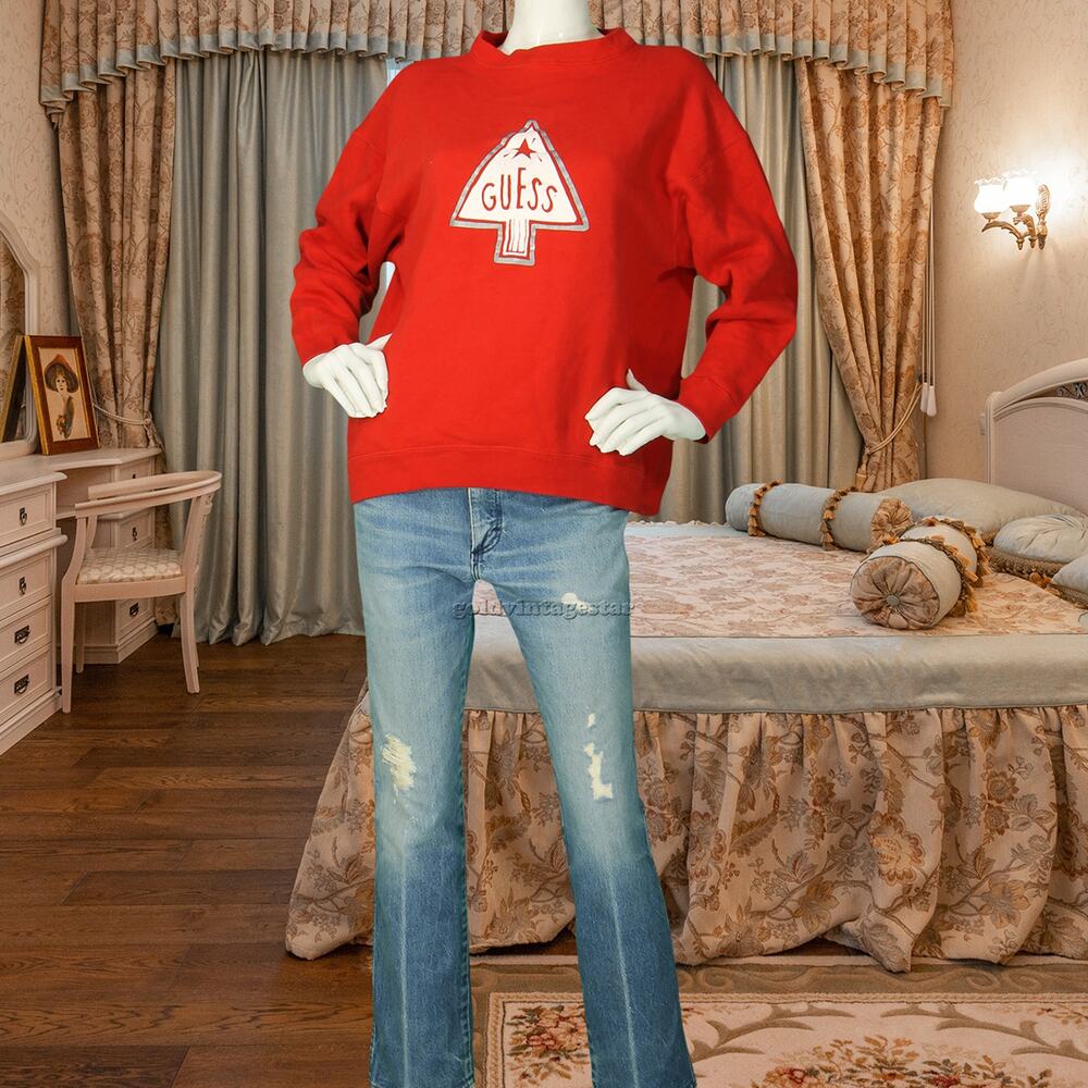 90s Vintage Guess  Christmas Tree Star Red Jumper Crewneck Sweatshirt XL